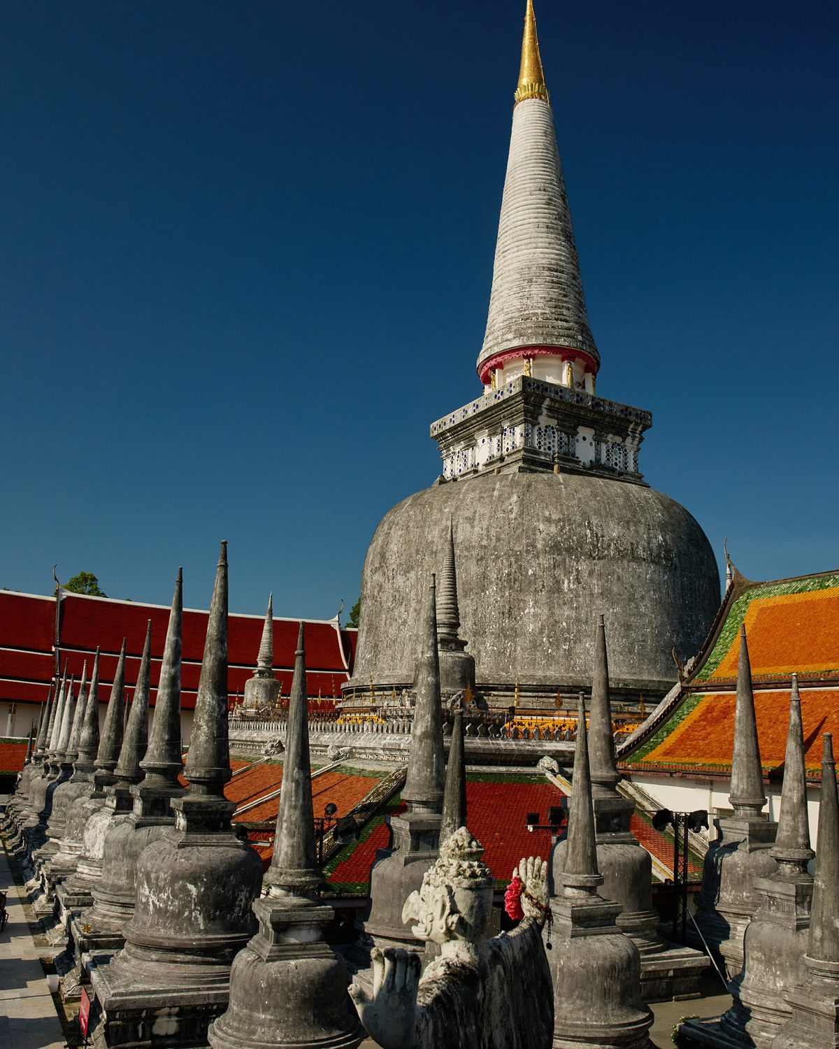 Main stupa of Wat Phra Mahathat Woramahawihan with smaller stupas in Nakhon Si Thammarat
